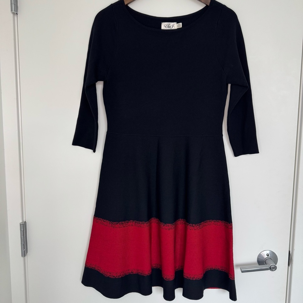 Petite Large Whimsygoth Eliza J Black Red Stripe Fit & Flare Knit Stretch Dress